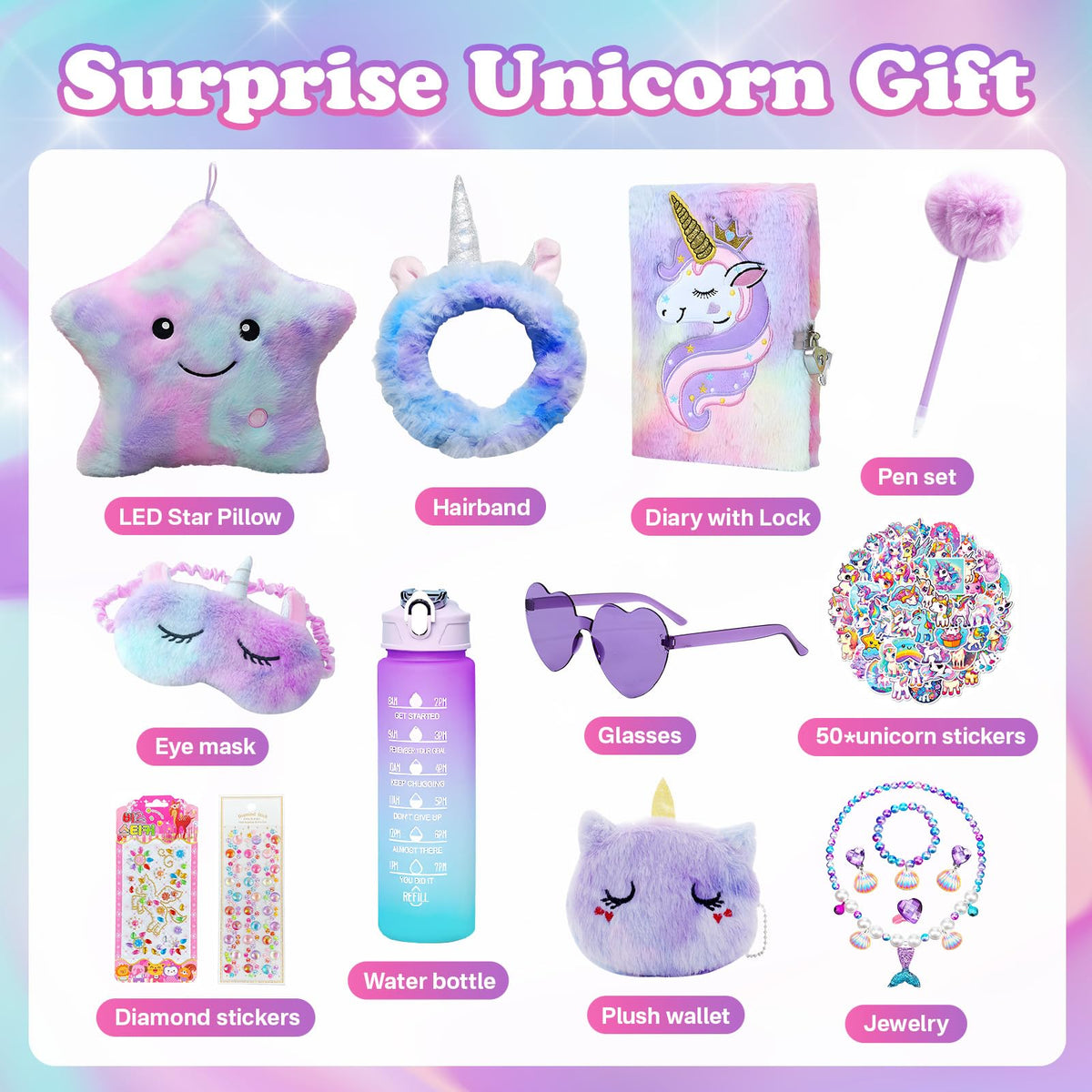 64pcs Unicorn Gifts Toys for Girls Kids Toys Party Favors 5 6 7 8 9 10+ Years Old Halloween Thanksgiving Christmas Birthday Gifts Box Star Pillow Stuffed Diary with Lock Headband Water Bottle Sticker 🍁 All In One Marketplace Canada