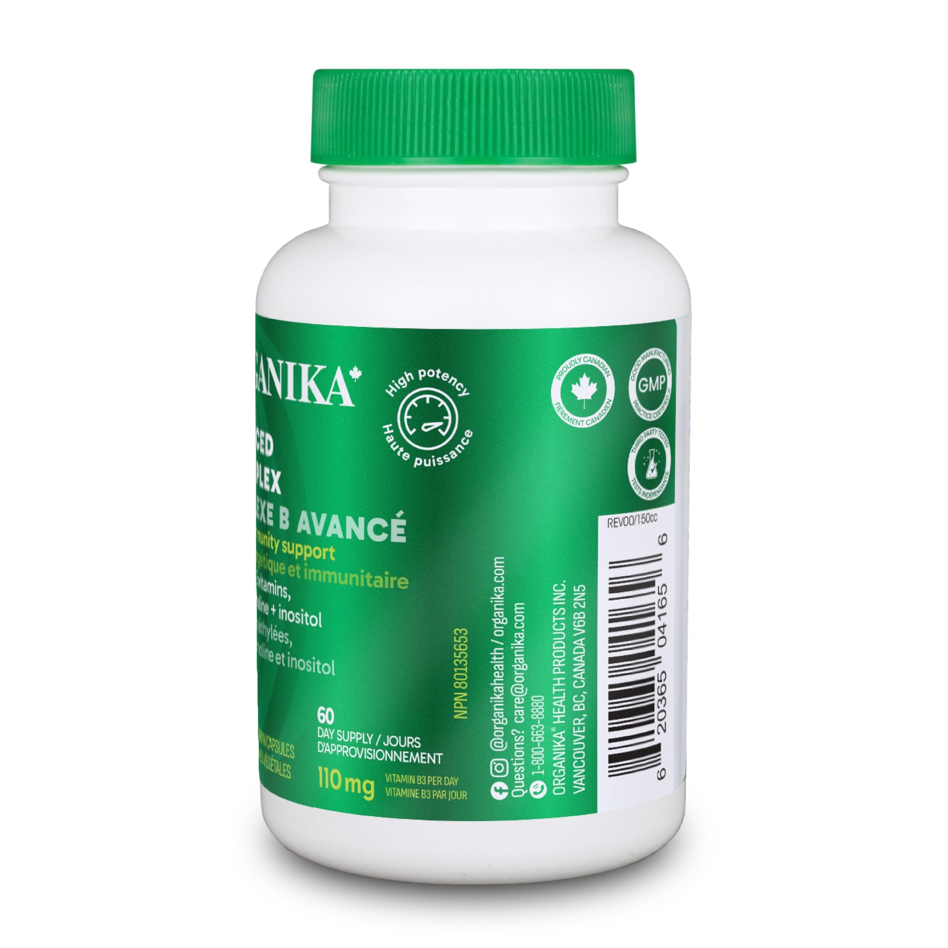 Organika Canadian-Made Advanced B-Complex 110mg- Energy and Immunity Support, Methylated B-Vitamins for Enhanced Absorption- 60vcaps - Available at All In One Marketplace Canada