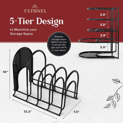 Heavy Duty Pan Organizer, 5 Tier Rack - Holds up to 50 LB - For Cast Iron Skillets, Griddles, Pots - Durable Steel Construction - Space Saving Kitchen Storage - No Assembly Required - Black 12.2-Inch Cuisinel