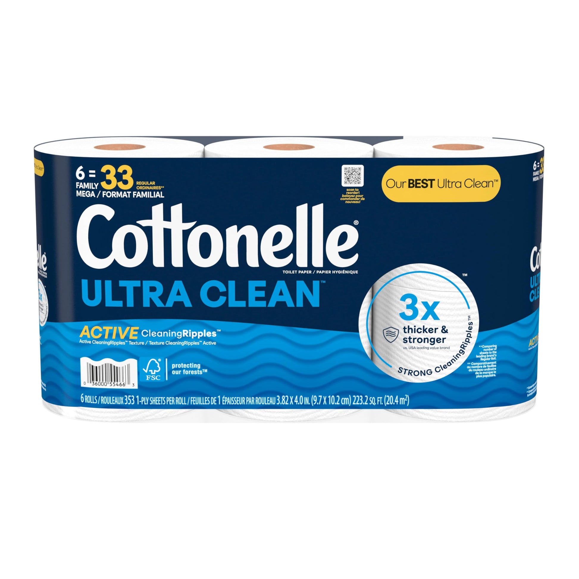 Cottonelle Toilet Paper, 24 Family Mega Rolls = 132 Regular Rolls (4 Packs of 6), Ultra Clean, Strong Bathroom Tissue, 353 Sheets per Roll, Packaging May Vary