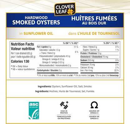 Clover Leaf Smoked Oysters In Sunflower Oil, 85g, 24 Count Clover Leaf