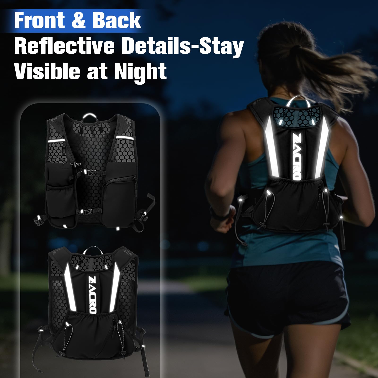 Zacro Running Vest for Men Women, Lightweight Hydration Vest with 2L Water Bladder, Adjustable No Bounce Fit, Breathable Reflective Vest for Marathon, Trail, Hiking, Cycling - Available at All In One Marketplace Canada