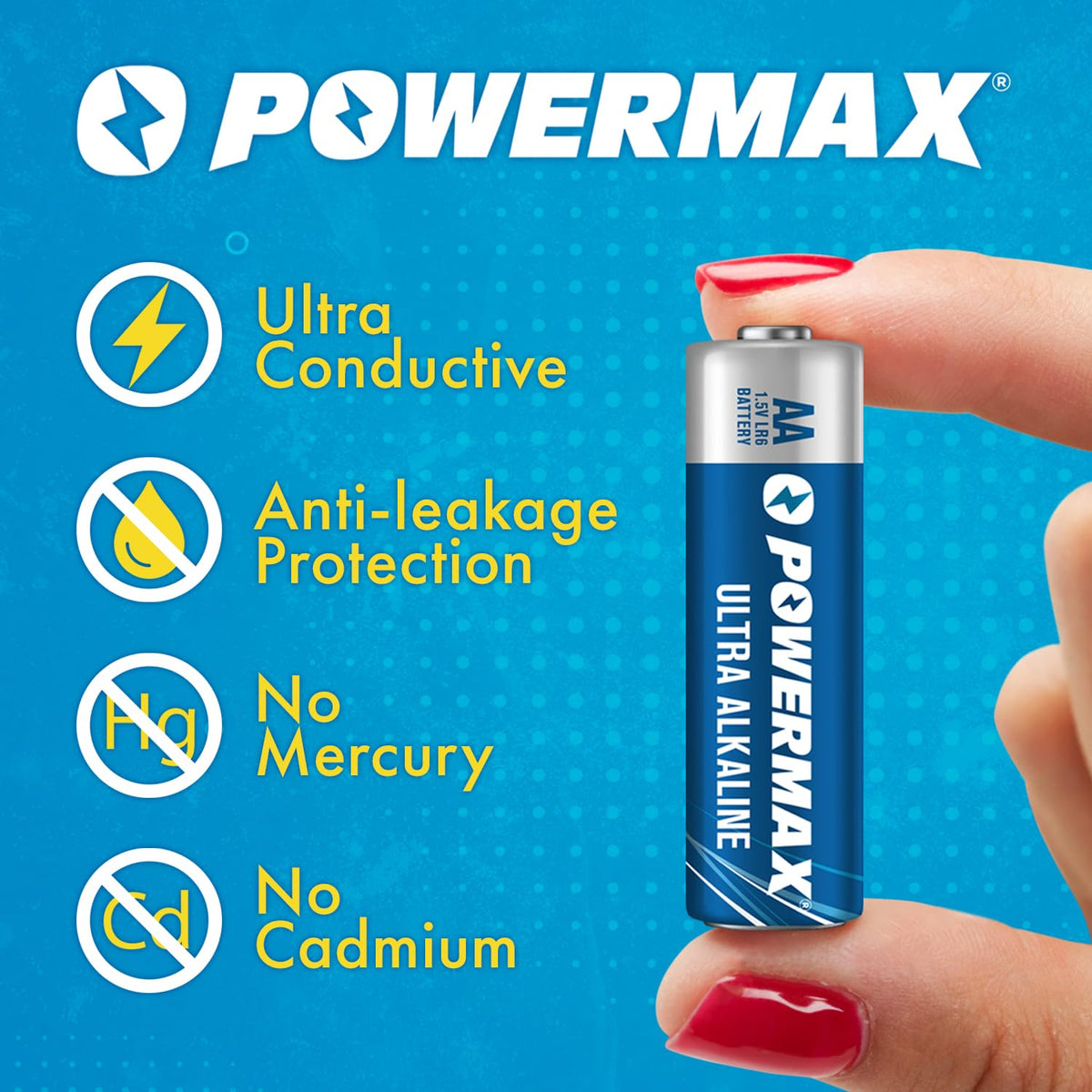 Powermax 100-Count Double AA Batteries, Ultra Long Lasting Alkaline Battery for Home and Office, 10-Year Shelf Life, Reclosable Packaging