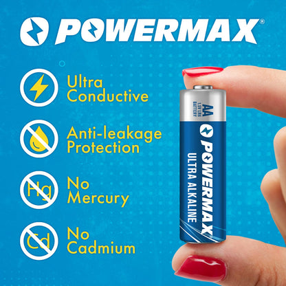 Powermax 100-Count Double AA Batteries, Ultra Long Lasting Alkaline Battery for Home and Office, 10-Year Shelf Life, Reclosable Packaging