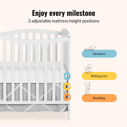 Dream On Me Chelsea 5-In-1 Convertible Crib In White, 4 Mattress Height Positions, Non Toxic Finish, JPMA Certified, Made Of Sustainable And Sturdy Pinewood Dream On Me