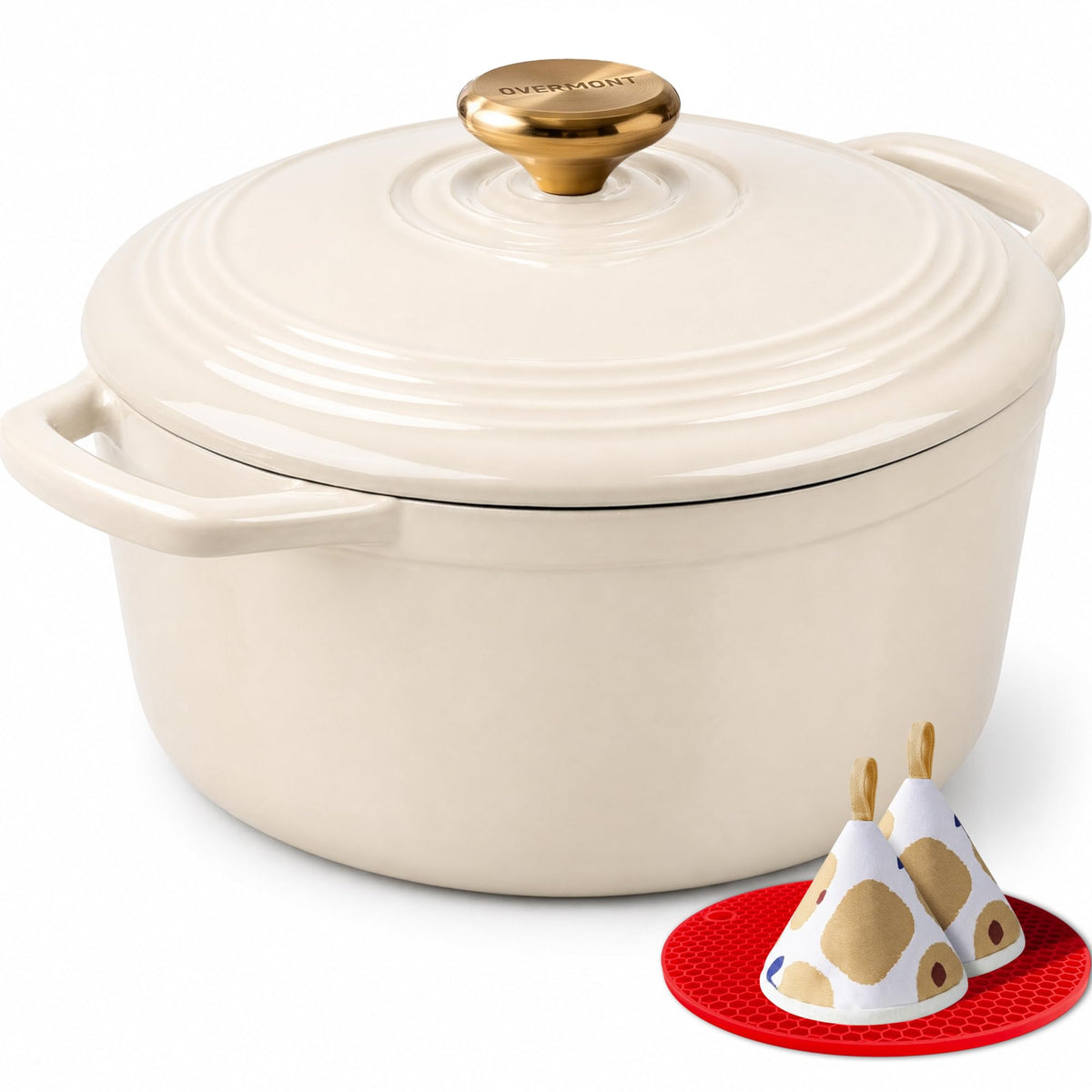 Overmont Enameled Cast Iron Dutch Oven - Lid Cookbook 5.5QT Creamwhite