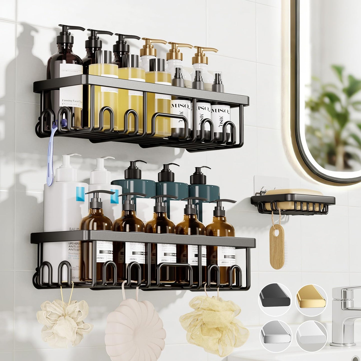 Veken Large Capacity Shower Caddy 3-Pack, No Drilling Adhesive Rack with Soap Holder, Rustproof & Waterproof Shelves, Bathroom Organizers and Storage, Wall-Mounted Kitchen & Home Decor, Black