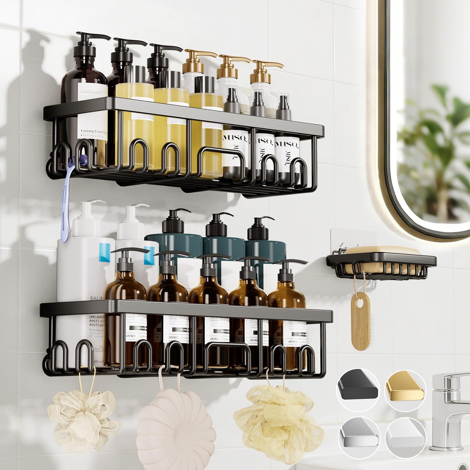 Veken Large Capacity Shower Caddy 3-Pack, No Drilling Adhesive Rack with Soap Holder, Rustproof & Waterproof Shelves, Bathroom Organizers and Storage, Wall-Mounted Kitchen & Home Decor, Black