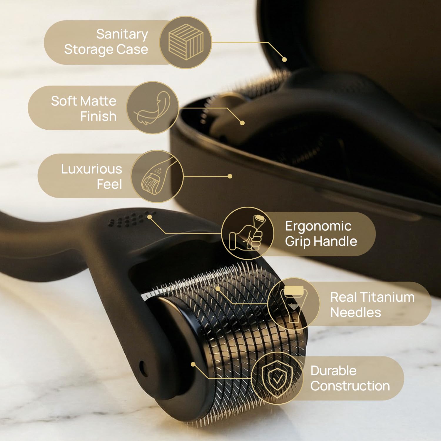 DermTech Derma Microneedling Roller - 0.5mm Titanium Needles - Designed in Canada - 540 Needles - For Men and Women - Beard Roller Face Roller (Matte Black) - Available at All In One Marketplace Canada