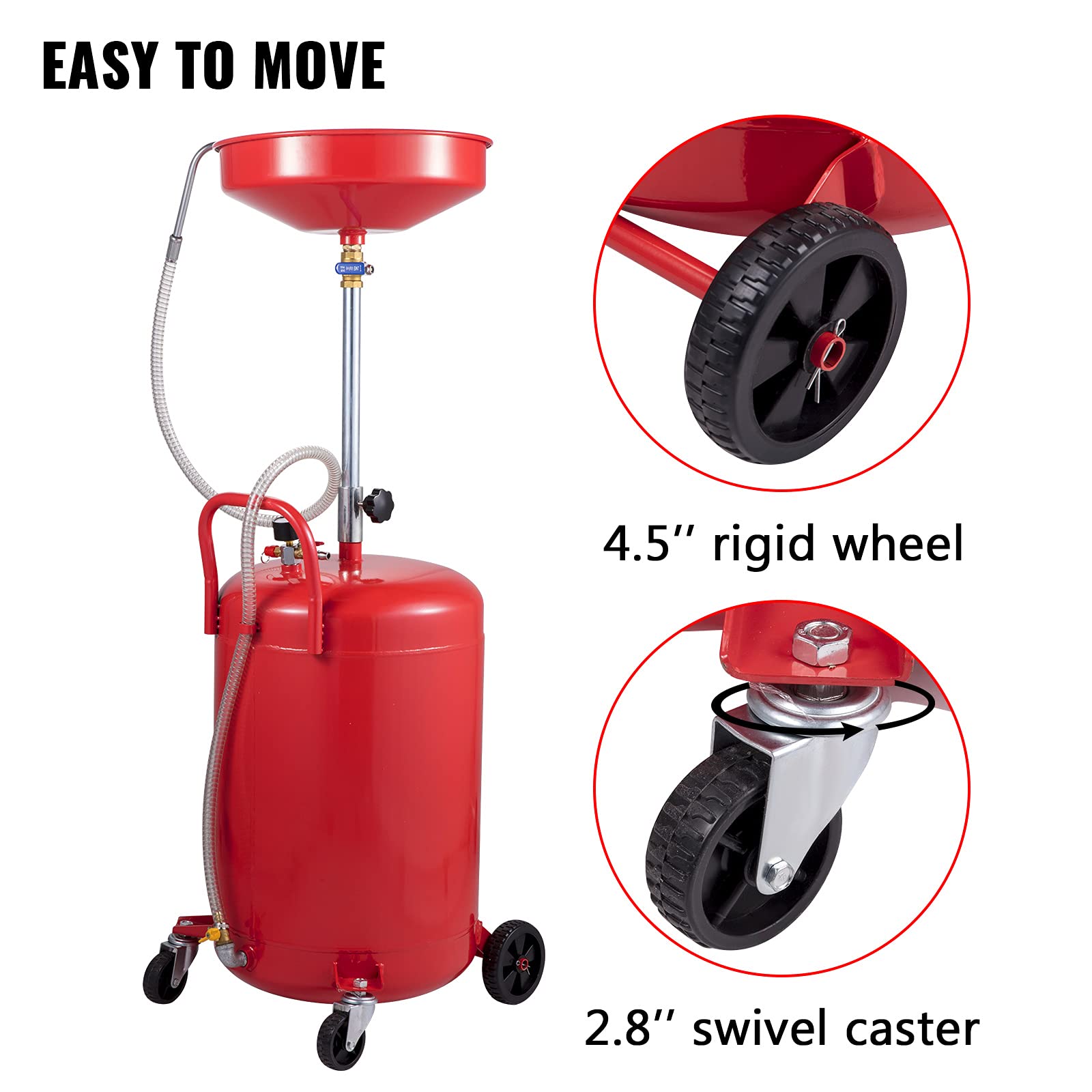 VEVOR Waste Oil Drain Tank 20 Gallon Portable Oil Drain Air Operated Drainer Oil Change, Oil Drain Container, Fluid Fuel Transfer Drainage Adjustable Funnel Height, with Wheel For Easy Oil Removal VEVOR