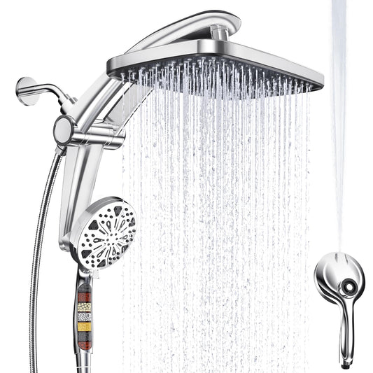 Rain Shower Head with Handheld High Pressure Rainfall Shower Heads with Handheld Spray Combo Adjustable one-piece Stand daul Shower Head Built-in Magnetic Docking and Power Jets（Sliver）