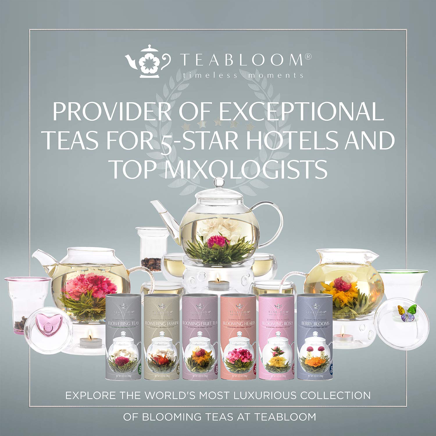 Teabloom Flowering Tea Gift Set - 12 Hand-Tied Blooming Tea Varieties - Green Tea with Edible Flowers - Premium Gift Canister - 36 Infusions, Up to 250 Cups