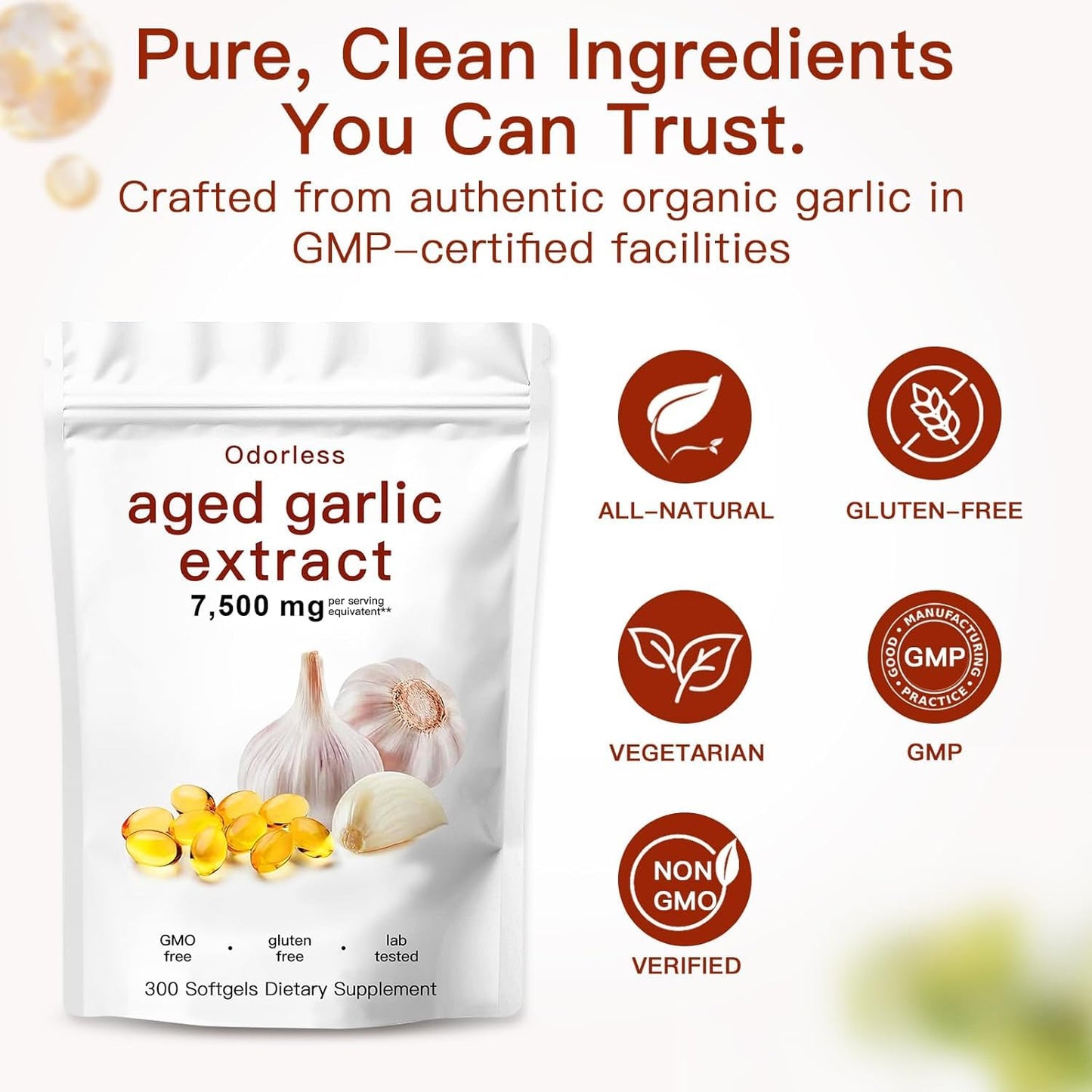 Aged Garlic Extract Capsules 7500mg Odorless – 300 Count Aged Garlic Supplement for Immune Support，Organic, Non-GMO, Vegetarian Softgels(1 PCS) - Available at All In One Marketplace Canada