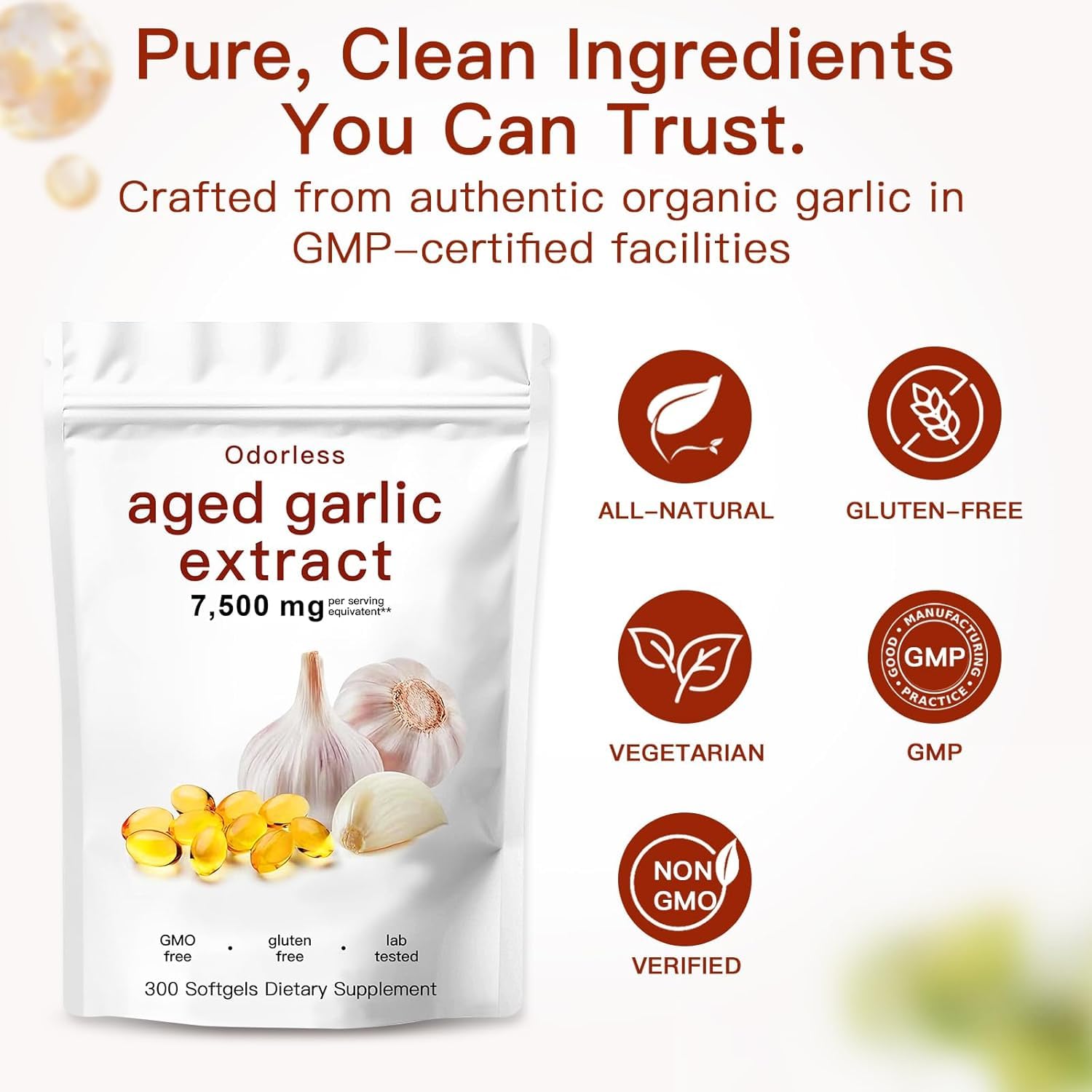 Aged Garlic Extract Capsules 7500mg Odorless – 300 Count Aged Garlic Supplement for Immune Support，Organic, Non-GMO, Vegetarian Softgels(1 PCS) - Available at All In One Marketplace Canada