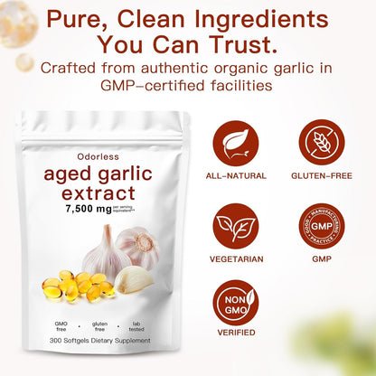 Aged Garlic Extract Capsules 7500mg Odorless – 300 Count Aged Garlic Supplement for Immune Support，Organic, Non-GMO, Vegetarian Softgels(1 PCS) - Available at All In One Marketplace Canada