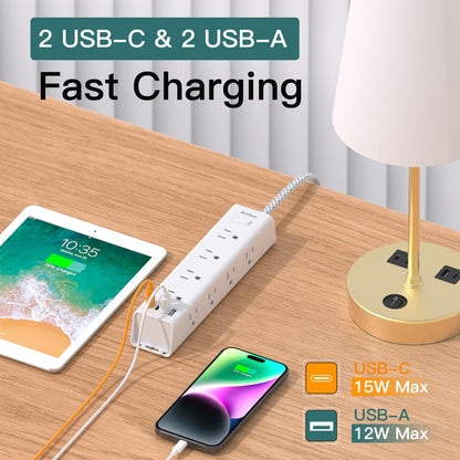 Surge Protector Power Bar - 10 FT Extension Cord, Power Strip with 12 Widely AC Outlet 4 USB, Flat Plug, Wall Mount Overload Protection, 1050J, Desk Charging Station for Dorm Home Office - Available at All In One Marketplace Canada