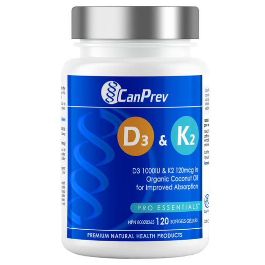 CanPrev D3 & K2 Vitamins 120 Softgels, 120-Day Supply, 1000IU Vitamin D3 & 120mcg K2, Supports Strong Bones, Teeth & Heart Wellness, Easy-to-Absorb with Organic Coconut Oil, No GMO, Gluten, Soy, Dairy