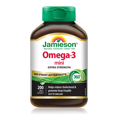Jamieson Omega-3 Mini Softgels, No Fishy Aftertaste, Improves Heart Health, and Supports Brain Health. With 210 mg EPA and 140 mg DHA, No Burpback, Easy to Swallow, Gluten-Free, Non-GMO, 200 Count - Available at All In One Marketplace Canada
