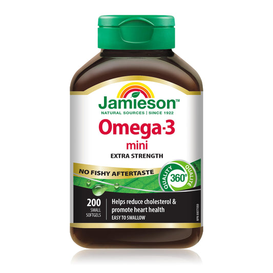 Jamieson Omega-3 Mini Softgels, No Fishy Aftertaste, Improves Heart Health, and Supports Brain Health. With 210 mg EPA and 140 mg DHA, No Burpback, Easy to Swallow, Gluten-Free, Non-GMO, 200 Count - Available at All In One Marketplace Canada