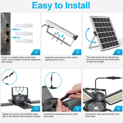 Solar Pendant Light Outdoor Indoor Solar Powered Motion Sensor Shed Light,144LED 1200LM Daytime Work Light with 5 Lighting Modes Remote Control 4 Heads Light for Garage Gazebo Barn Latband