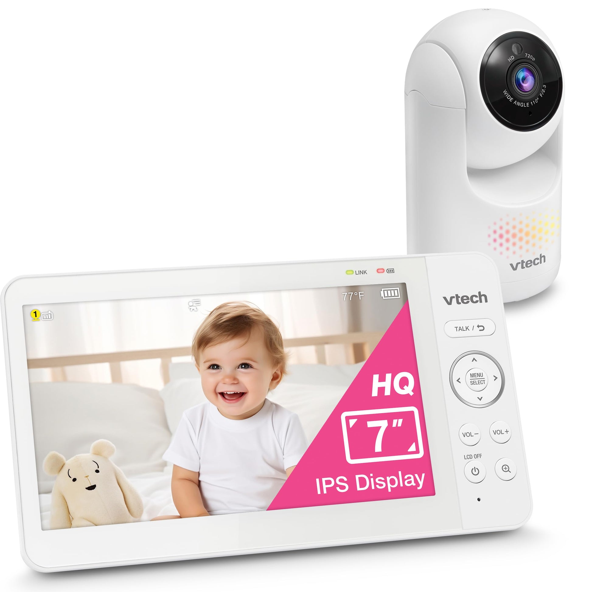 VTech Advanced HQ Max 7" Digital Video Baby Monitor with Pan-Tilt-Zoom, Night Light, Long Range, 2-WayTalk, Display, and Lullabies, No WiFi, White VTech