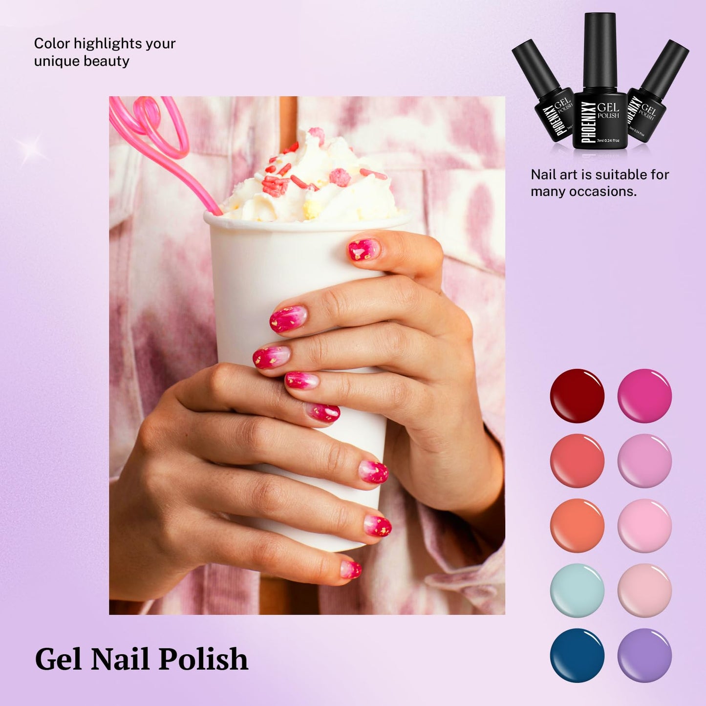phoenixy 24 PCS Gel Nail Polish Kit, 21 Colors U V Gel Nail Polish Set with Base Glossy Matte Top Coat Spring Black Gray Red Nail Kit Gifts for Women