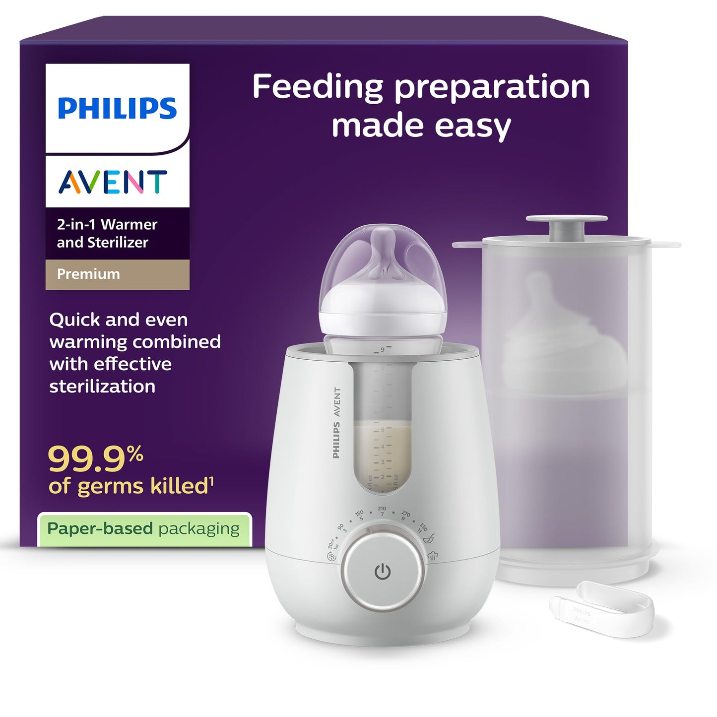 Philips Avent Premium 2-in-1 Warmer & Sterilizer - with Hospital-Standard Water Bath Technology, Smart Temperature Sensor, Hotspots Prevention, Chemical-Free Sterilization, with Tongs, Model SCF359/20