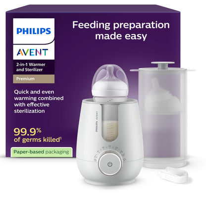 Philips Avent Premium 2-in-1 Warmer & Sterilizer - with Hospital-Standard Water Bath Technology, Smart Temperature Sensor, Hotspots Prevention, Chemical-Free Sterilization, with Tongs, Model SCF359/20