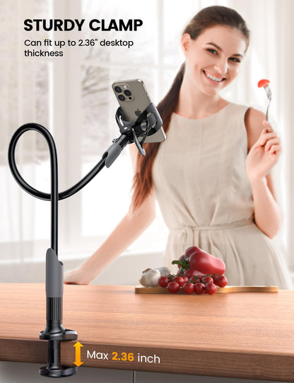 Phone Holder Bed Gooseneck Mount - Lamicall Cell Phone Stand Clamp Clip for Desk, Flexible Lazy Long Arm Headboard Bedside for iPhone 13 14 15 16 17 Pro Max Mini Plus, S24 S25 Ultra, 4-7" Smartphones