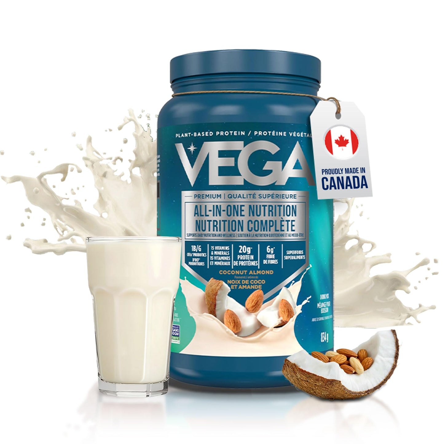 Vega Premium All-in-One Nutrition Protein Powder – 20g Plant-Based Vegan Protein, Vitamins & Probiotics, Coconut Almond, 834g (20 Servings) 🍁 All In One Marketplace Canada