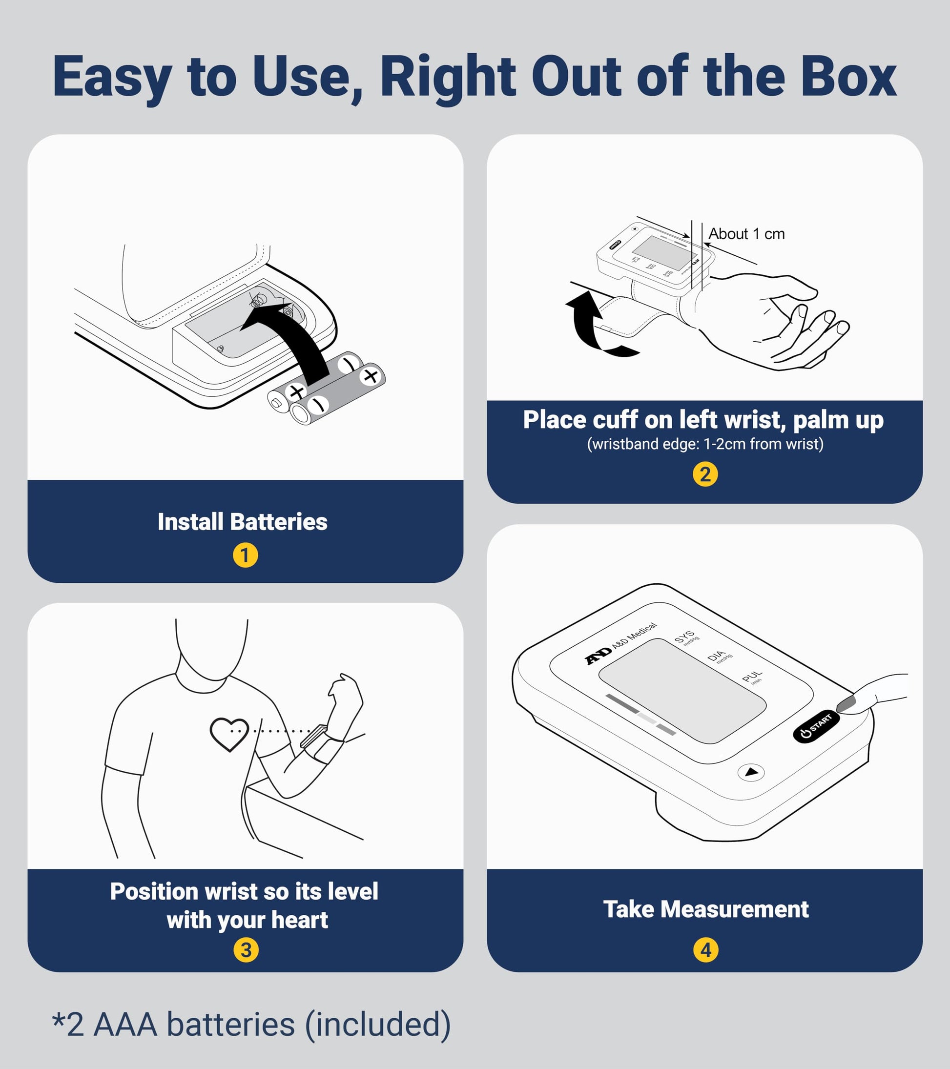 A&D Medical Wrist Blood Pressure Monitor for Home Use - UB-525CN, BP Adjustable Cuff (5.3-8.5"/13.5-21.5 cm) One Button Operation, 60 Reading Memory, FSA/HSA Eligible, 2 AAA Batteries - Available at All In One Marketplace Canada