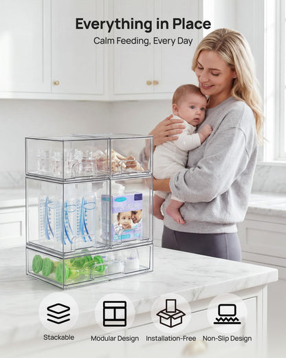 Vtopmart Stackable Storage Drawers Set of 5, 12" Wide and 4.4''&7.6'' High Clear Plastic Organizer Bins for Beauty Supplies,Ideal for Vanity, Bathroom,Cabinet,Pantry Organization