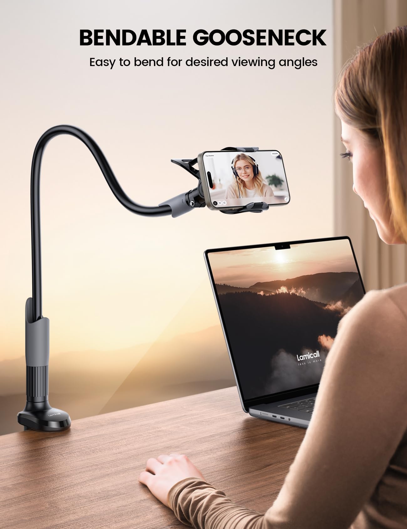 Phone Holder Bed Gooseneck Mount - Lamicall Cell Phone Stand Clamp Clip for Desk, Flexible Lazy Long Arm Headboard Bedside for iPhone 13 14 15 16 17 Pro Max Mini Plus, S24 S25 Ultra, 4-7" Smartphones