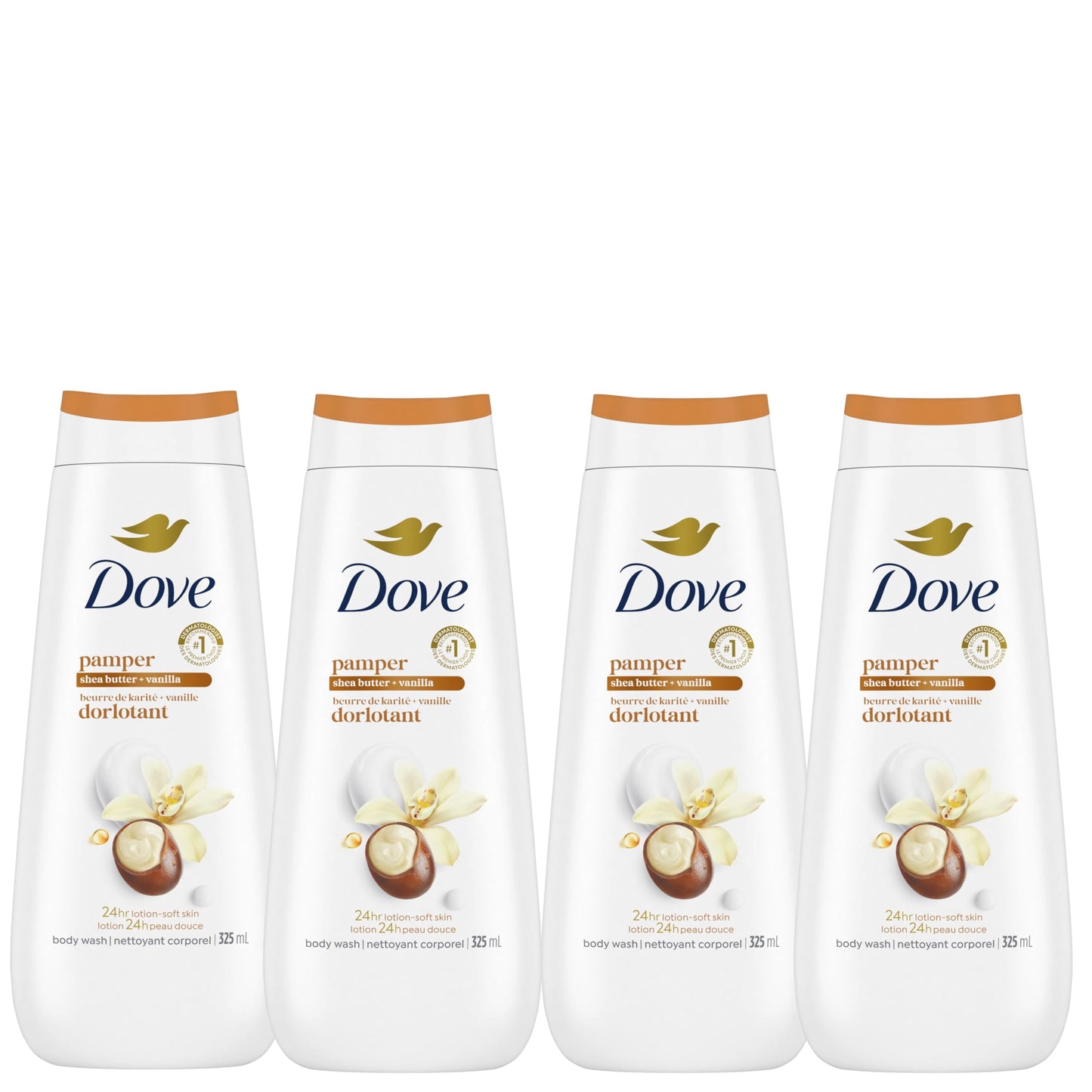 Dove Body Wash for Renewed, Healthy-Looking Skin, Pampering Shea Butter & Vanilla, Gentle Skin Cleanser with 24hr Renewing MicroMoisture, 325mL (Pack of 4)
