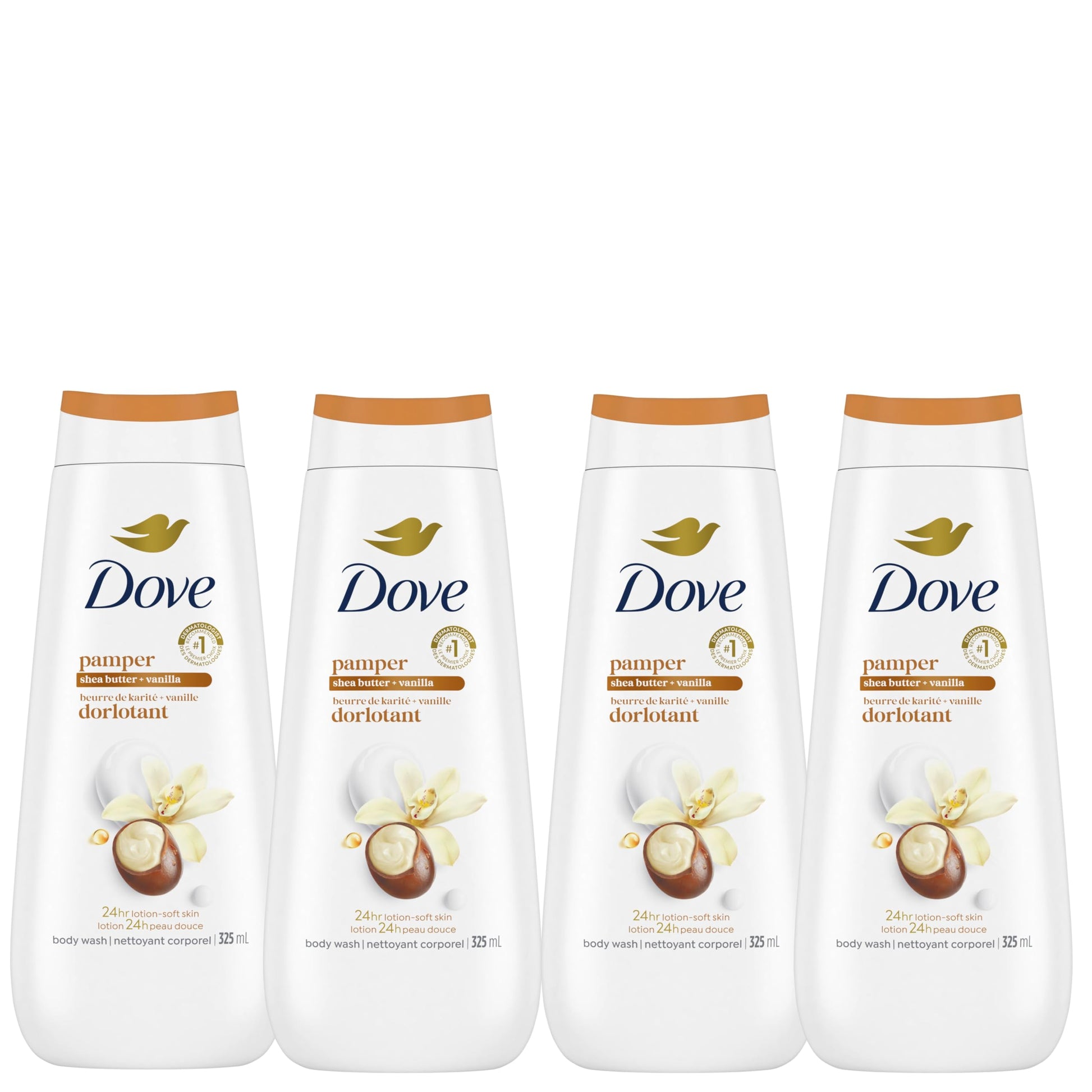 Dove Body Wash for Renewed, Healthy-Looking Skin, Pampering Shea Butter & Vanilla, Gentle Skin Cleanser with 24hr Renewing MicroMoisture, 325mL (Pack of 4)