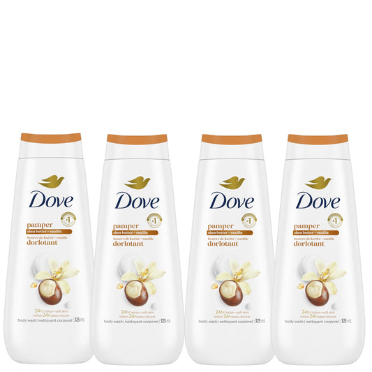 Dove Body Wash for Renewed, Healthy-Looking Skin, Pampering Shea Butter & Vanilla, Gentle Skin Cleanser with 24hr Renewing MicroMoisture, 325mL (Pack of 4)