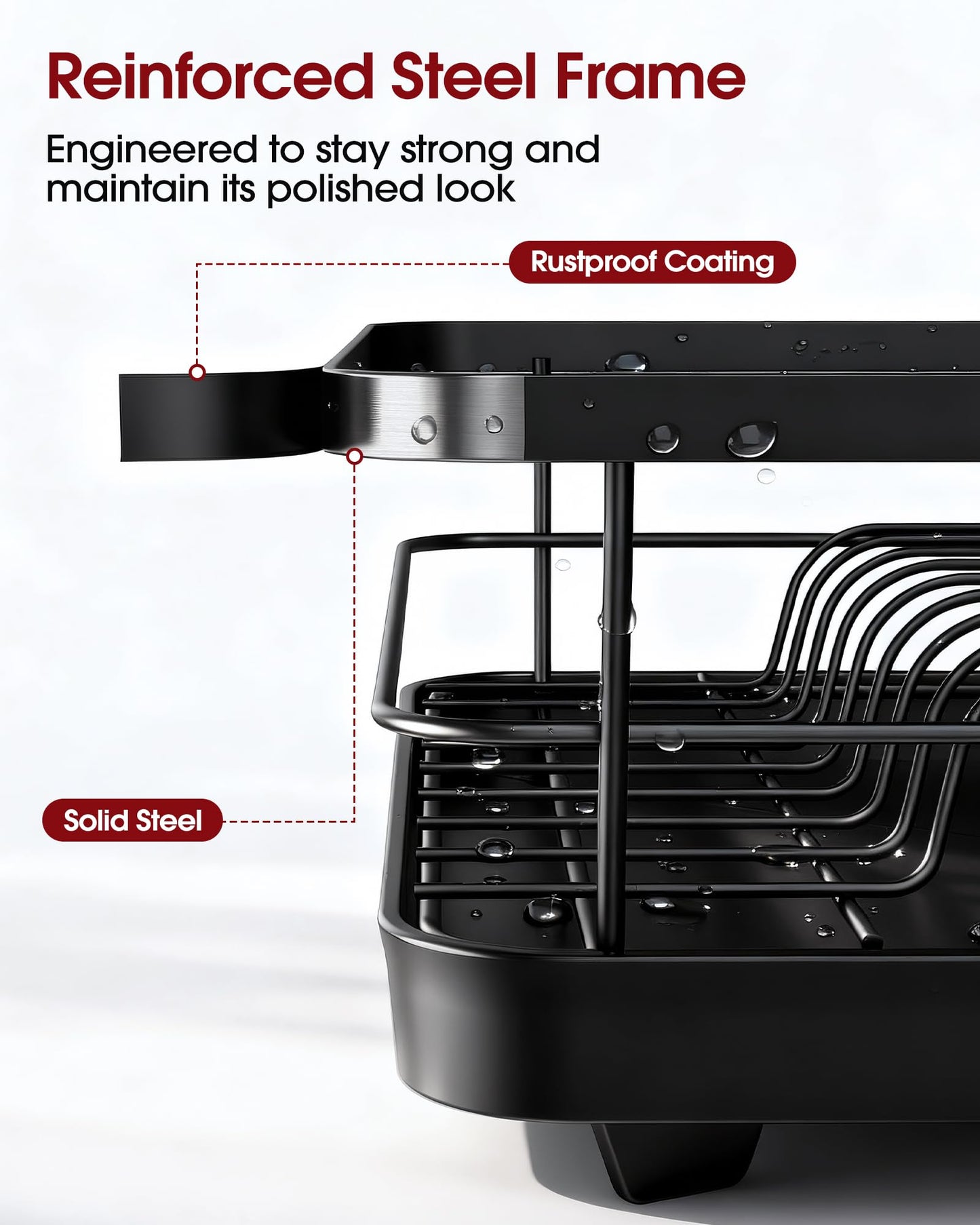 Sakugi Dish Drying Rack - Compact Dish Racks with Drain Board for Kitchen Counter, Durable Stainless Steel Dish Rack Used in Sink & on Countertop, Dark Black, Large
