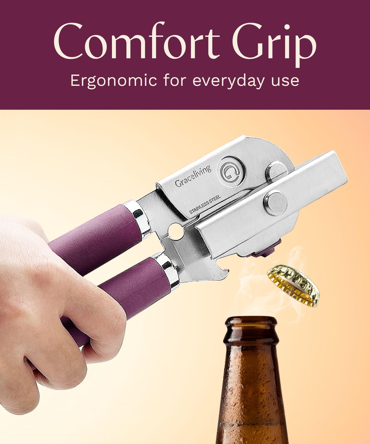 Graceliving Premium Multifunction Magnetic Manual Can Opener and Bottle Opener, Heavy Duty Stainless Steel Sharp Cutting Blade and Oversized Easy Turn Knob, Soft-Touch Handle, Kitchen Use, Mauve - Available at All In One Marketplace Canada