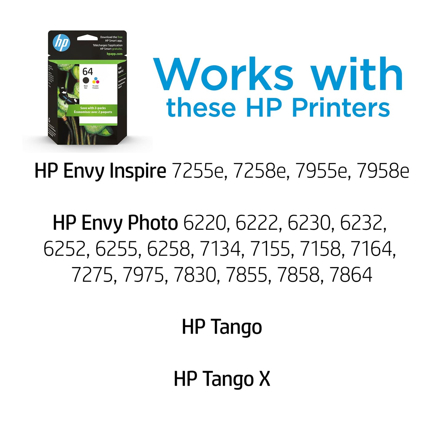 Original HP 64 Black/Tri-Color Ink Cartridges (2-Pack) | Works with HP Envy Photo 6200, 7100, 7800 Series | Eligible for Instant Ink | X4D92AN