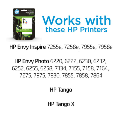 Original HP 64 Black/Tri-Color Ink Cartridges (2-Pack) | Works with HP Envy Photo 6200, 7100, 7800 Series | Eligible for Instant Ink | X4D92AN