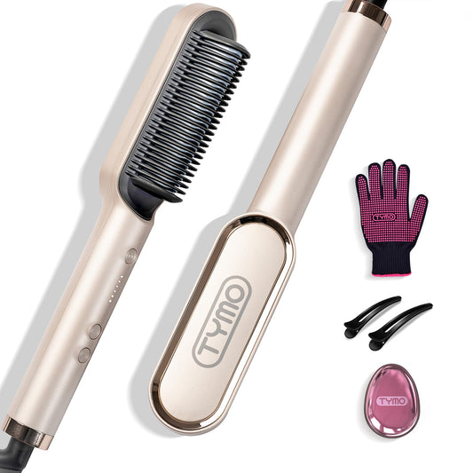 TYMO Hair Straightener Brush, Flat Iron & Comb 2 in 1 for Straightening, Anti-Scald Hot Comb, 5 Temp for All Hair Types, Straightening Brush for Women, Fast Finish with Smooth, Shiny, TYMO RING, Gold - Available at All In One Marketplace Canada