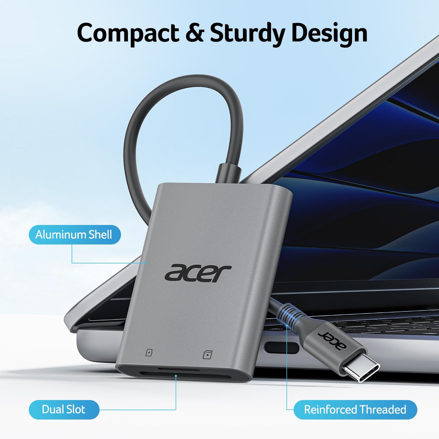 Acer USB C SD Card Reader, Sturdy Micro SD Card Adapter (Durable Nylon, No Block), High-Speed Type C Camera Memory Card Reader Compatible with MacBook Neo(A18 Pro), iPhone 16, Galaxy, USB-C Tablet