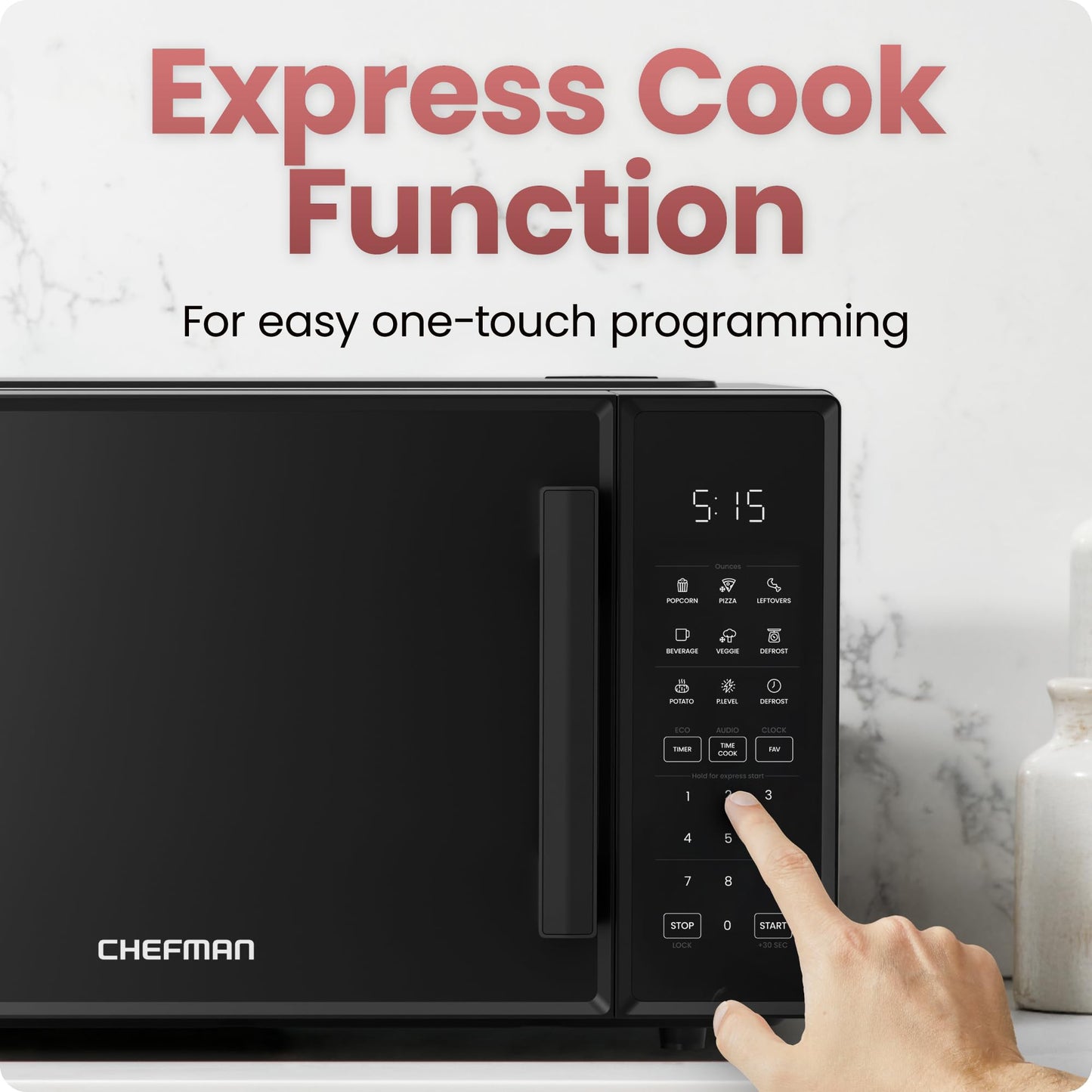 Chefman Countertop Microwave Oven 0.9 Cu. Ft., 900 Watts with 10 Power Levels, 6 Cooking Presets with One-Touch Express Cook, Eco Mode, Child Safety Lock, & Mute Button - Black - Available at All In One Marketplace Canada