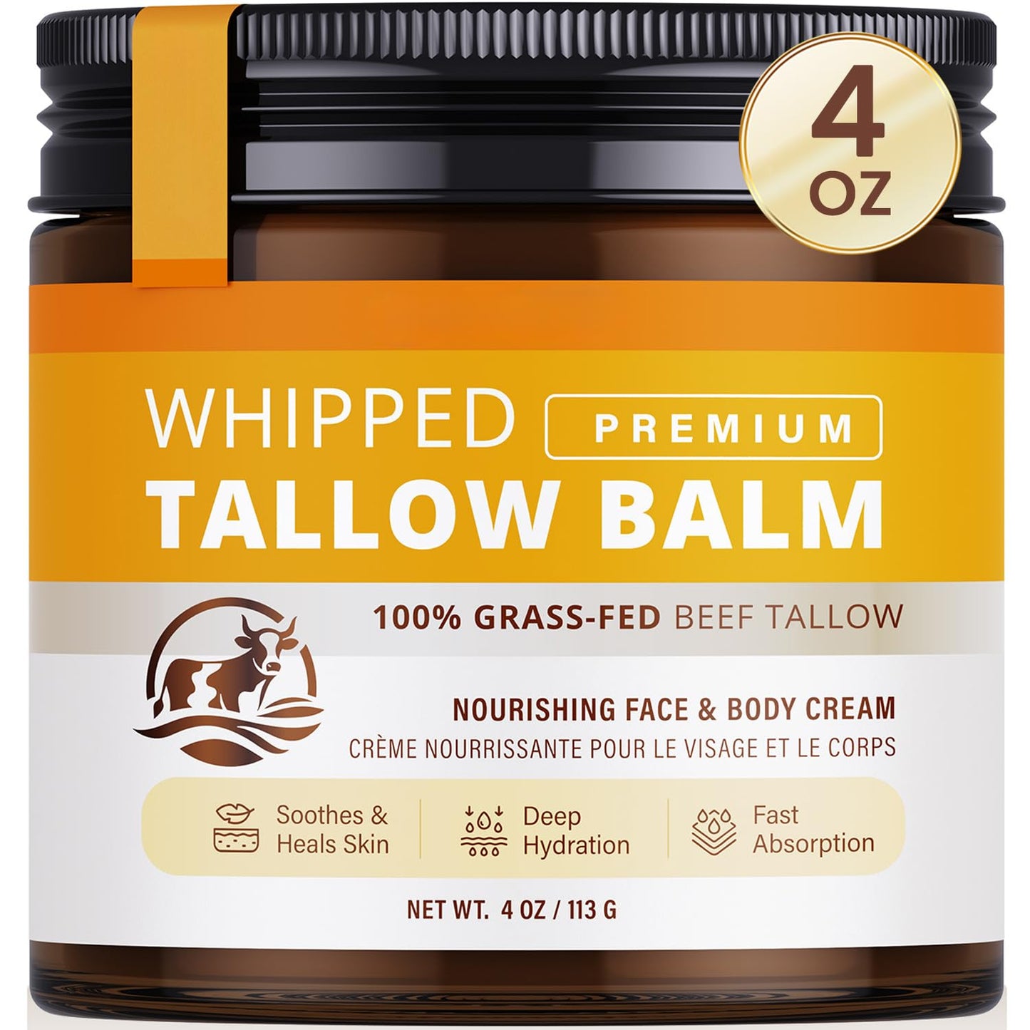 Beef Tallow Skincare Moisturizer for Face: 100% Grass-Fed Beef Tallow Balm - All Natural Tallow Face Cream Soft Smooth for Eczema and Dry Skin 4oz - Available at All In One Marketplace Canada