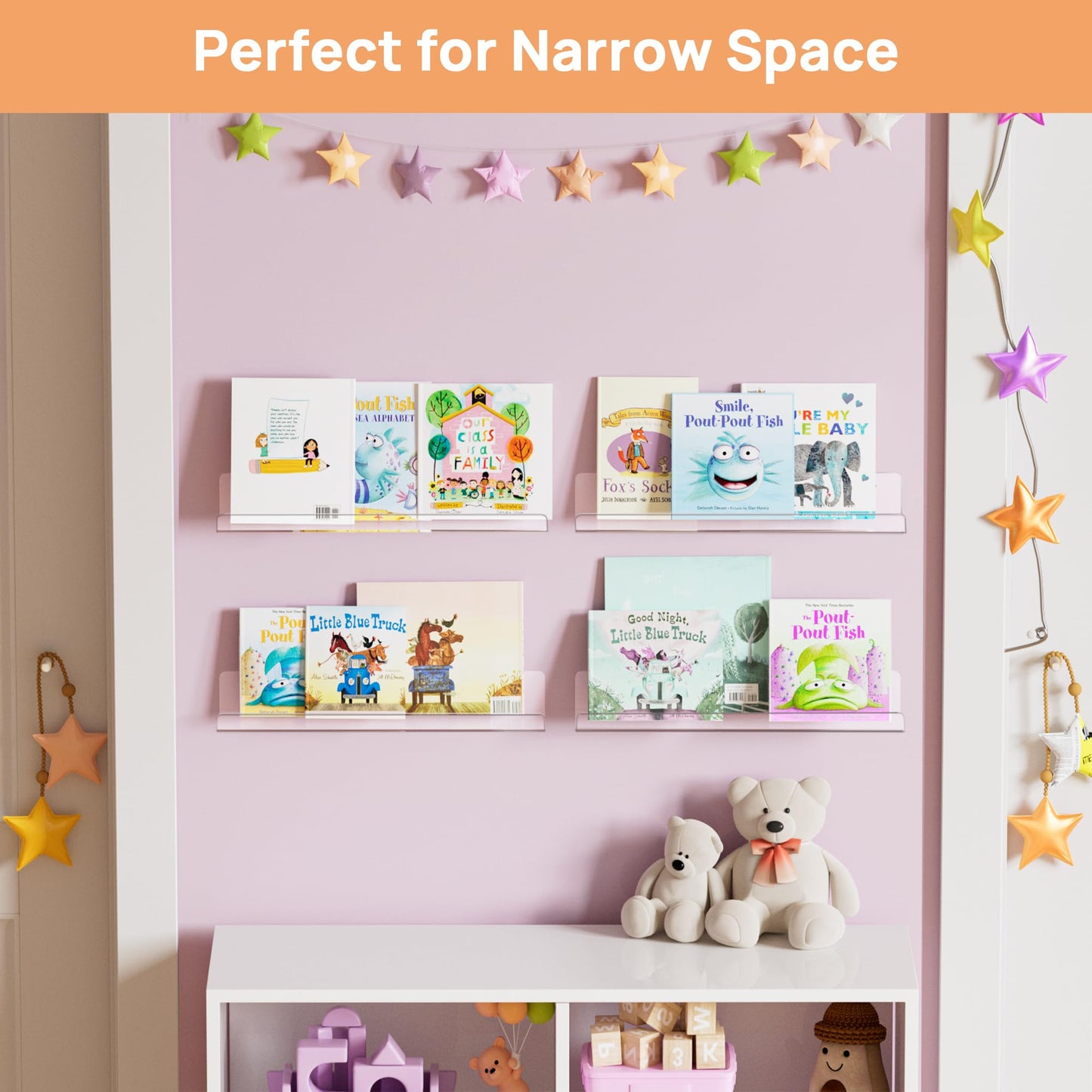 upsimples Clear Acrylic Shelves for Storage, 15" Floating Shelves Wall Mounted for Kids Bookshelf/Display Ledge for Bedroom, Living Room, Bathroom, Kitchen, Set of 4