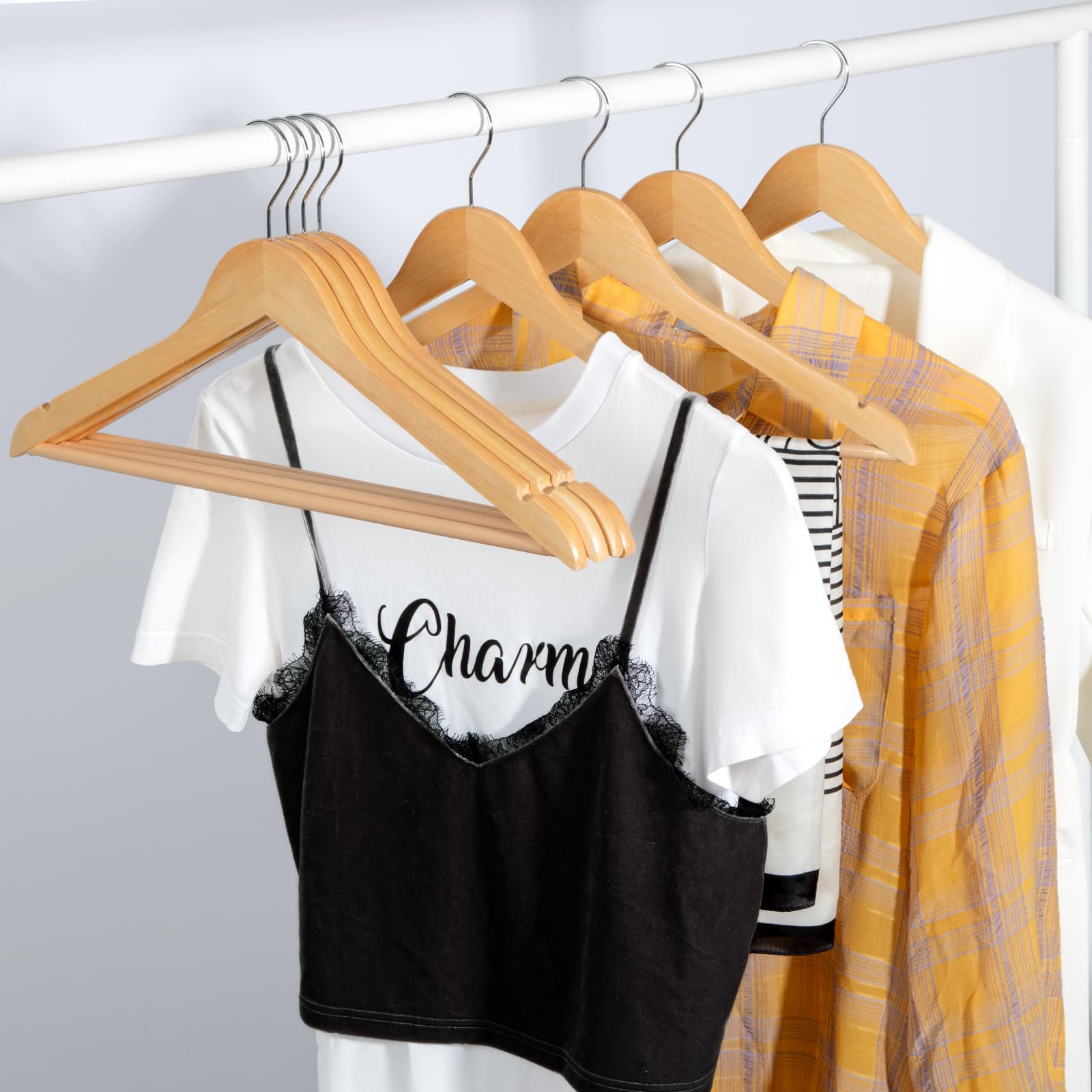 TOPIA HANGER Wooden Hangers (30 Pack), Natural Wooden Coat Hangers with Non Slip Pants Bar, 360°Swivel Hook and Shoulder Notches for Suit, Jacket, Pants, Smooth Finish Clothes Hangers - CT34N30 - Available at All In One Marketplace Canada
