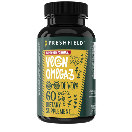 Freshfield Vegan Omega 3, Algae (Algal) Oil, Fish Oil Free Company, Third Party Tested, Carrageenan Free, DHA Supplement w/DPA, Plant Based Omega. Supports Heart, Brain, Joint Health - Available at All In One Marketplace Canada