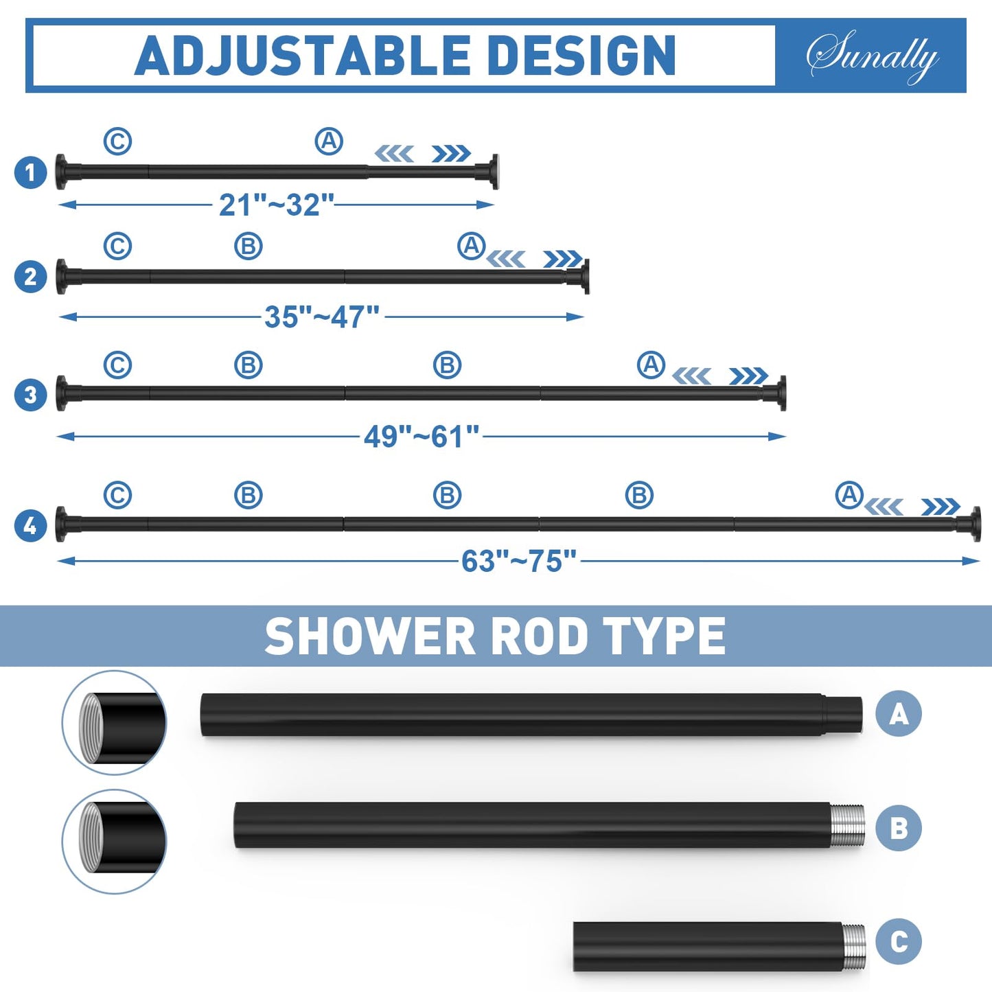 SUNALLY Shower Curtain Rod Adjustable 32-75 Inch, Spring Tension Shower Pole Rods Extendable Stainless Steel Telescoping Curtain Rod for Bathroom Windows Closet, No Drilling, No Slip, No Rust, Black - Available at All In One Marketplace Canada