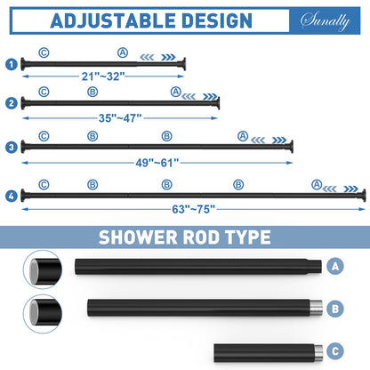 SUNALLY Shower Curtain Rod Adjustable 32-75 Inch, Spring Tension Shower Pole Rods Extendable Stainless Steel Telescoping Curtain Rod for Bathroom Windows Closet, No Drilling, No Slip, No Rust, Black - Available at All In One Marketplace Canada