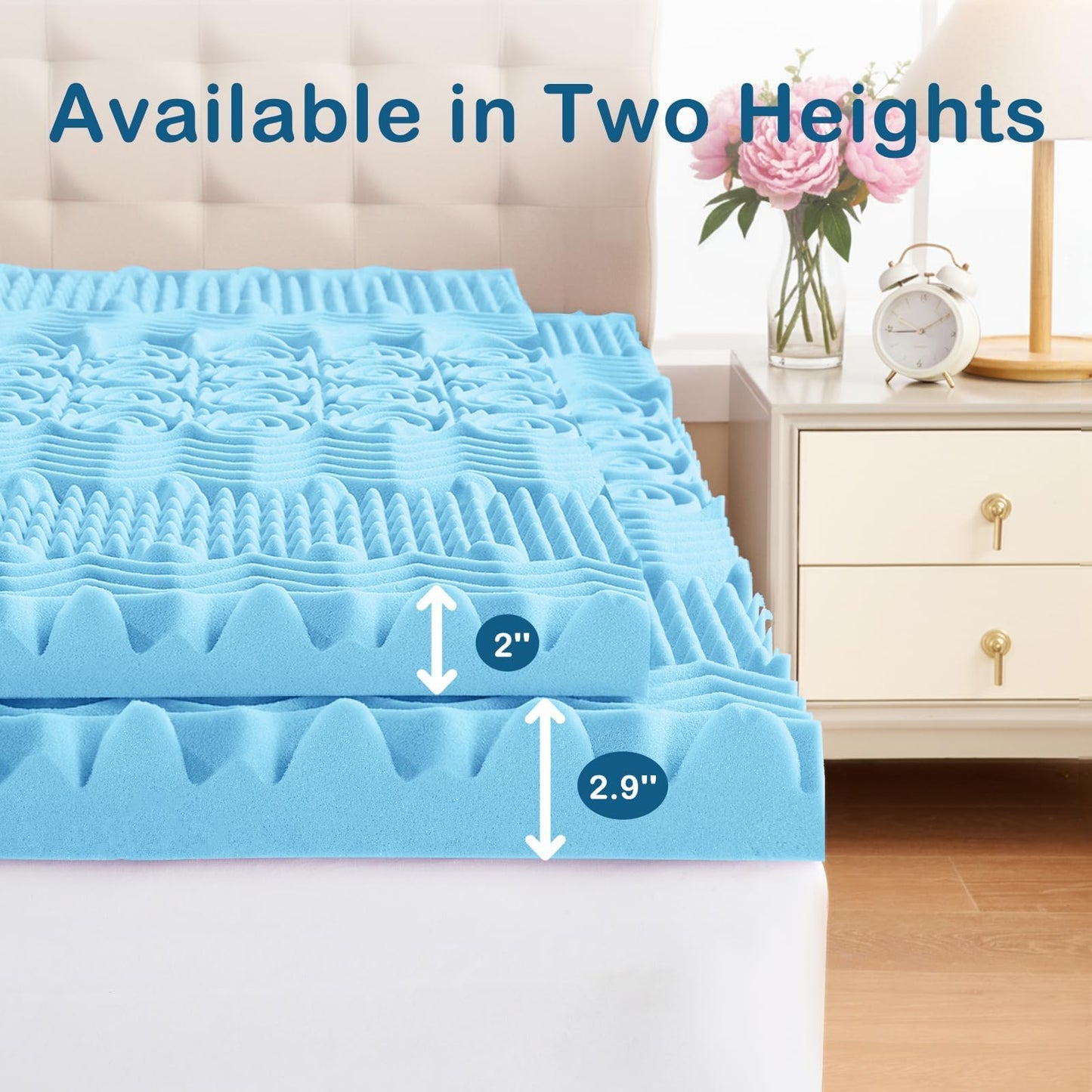 YUGYVOB Mattress Topper Queen, Foam Queen Mattress Topper, Cooling Gel Infused Bed Topper, 7 Zone Egg Crate Foam, CertiPUR-US Certified, 2 Inch - Available at All In One Marketplace Canada